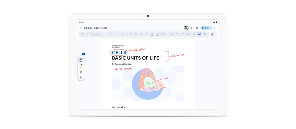 Google Docs markups shown on a Pixel Tablet.