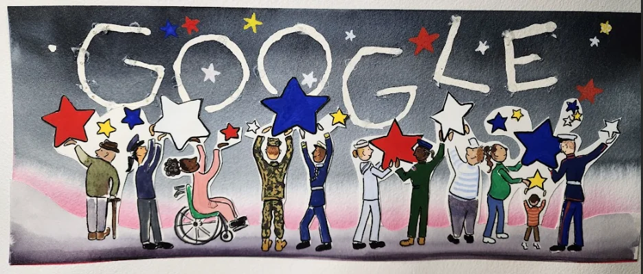 Google Doodle celebrating Veterans Day with service members in uniform and civilians holding stars below the word “Google”