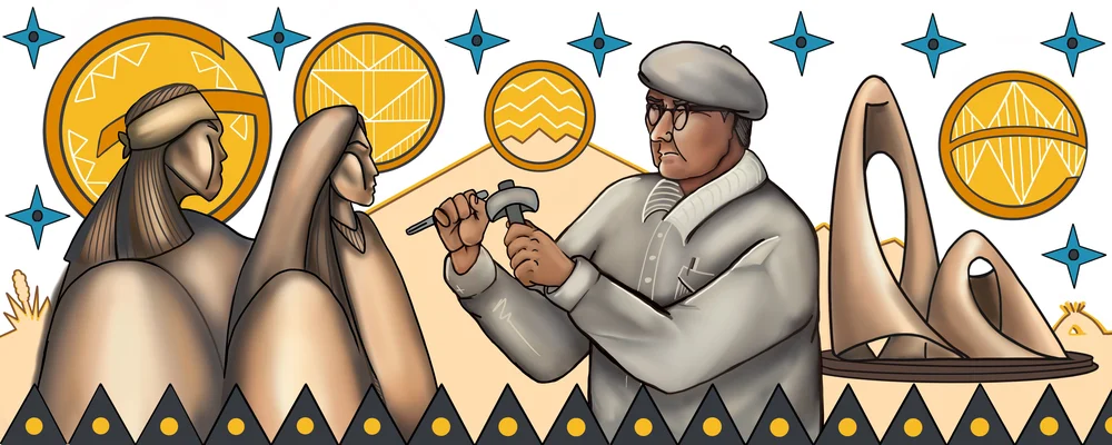 Illustration of a male artist working on a sculpture of two Native American people. The background is a desert setting with yellow floating circles and blue stars in the sky. The objects abstractly represent the Google letters.