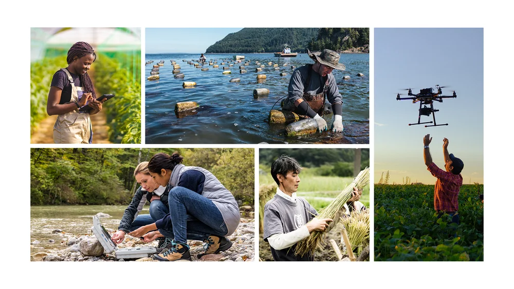 Collage of people using technology to drive climate issues — including using a tablet in a field, looking at data by a creek, working in a field and in the water, and using a drone on a farm.