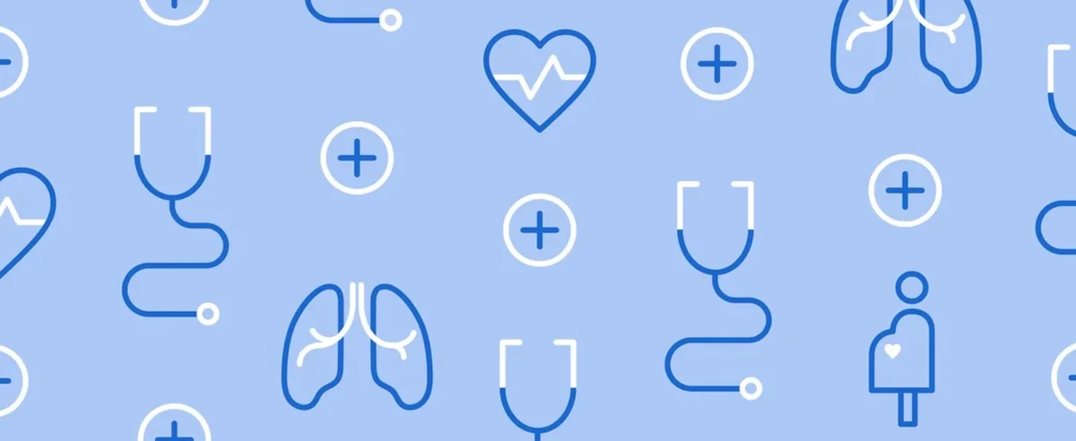 Illustration von medizinischen Symbolen wie einem Stethoskop vor blauem Hintergrund