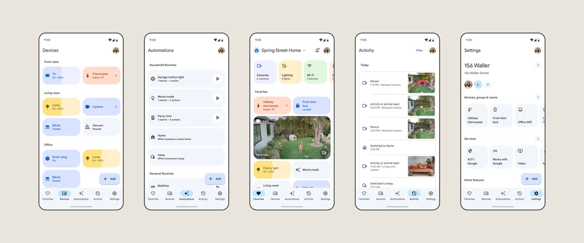 Five phones lined up next to each other show different tabs of the Google Home app, including Automations, Favorites and Activity.
