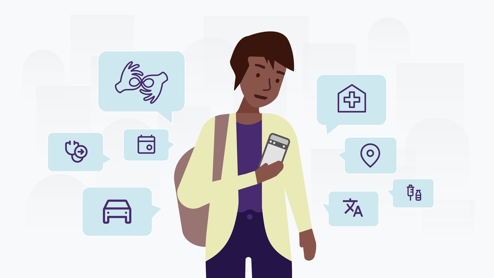 Illustration of a person holding a mobile phone, with icon graphics for healthcare needs that they may be searching for information.