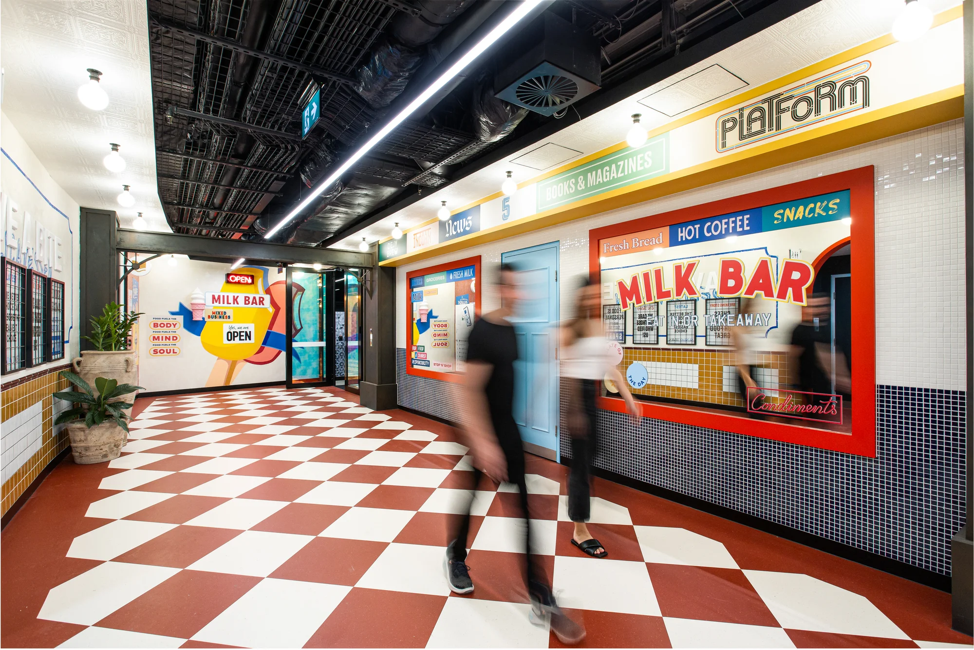 colorful image of a retro milk bar-like entrance to Google's cafe