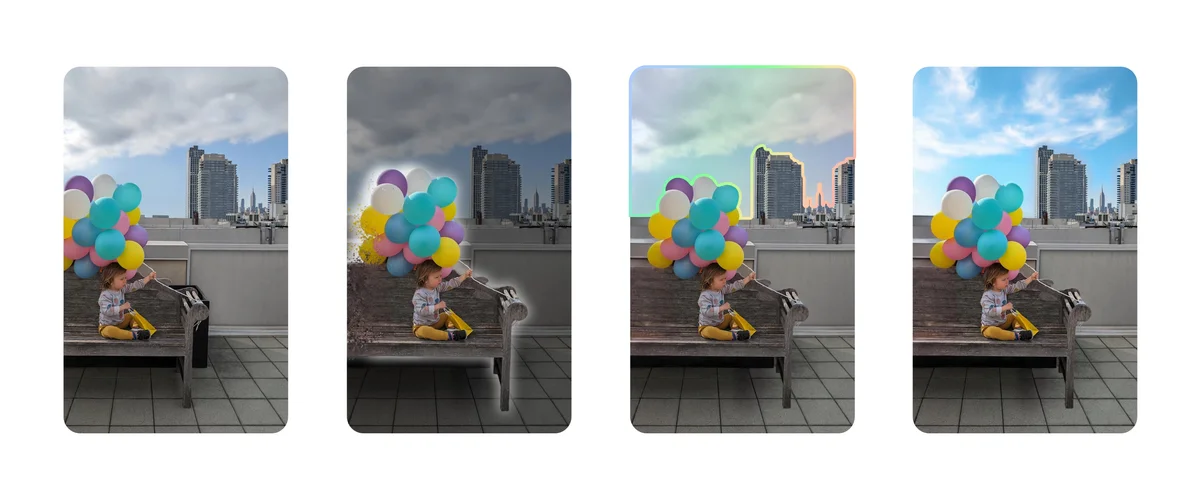 Vier Bilder zeigen, wie ein Foto mit einem Jungen und Ballonen schrittweise mit dem Magischen Editor in Google Fotos bearbeitet werden kann.