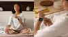 Imagen dividida. A la izquierda, una mujer asiática medita en su cama; a la derecha, la misma mujer mira su Pixel Watch 2.