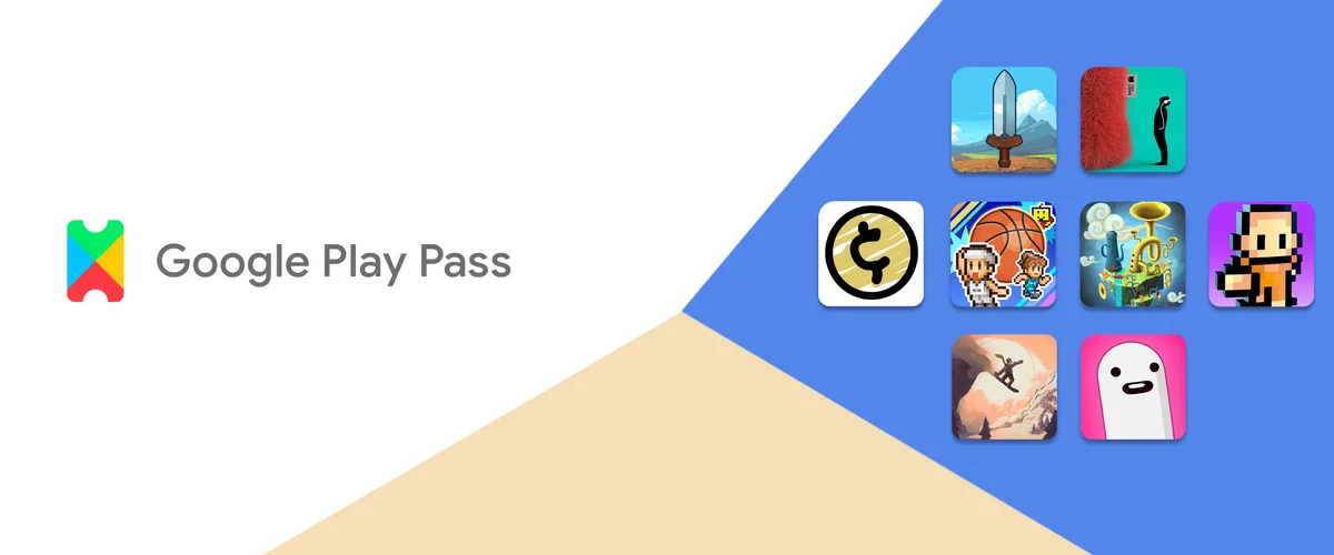 Google Play Pass logo next to images of several games