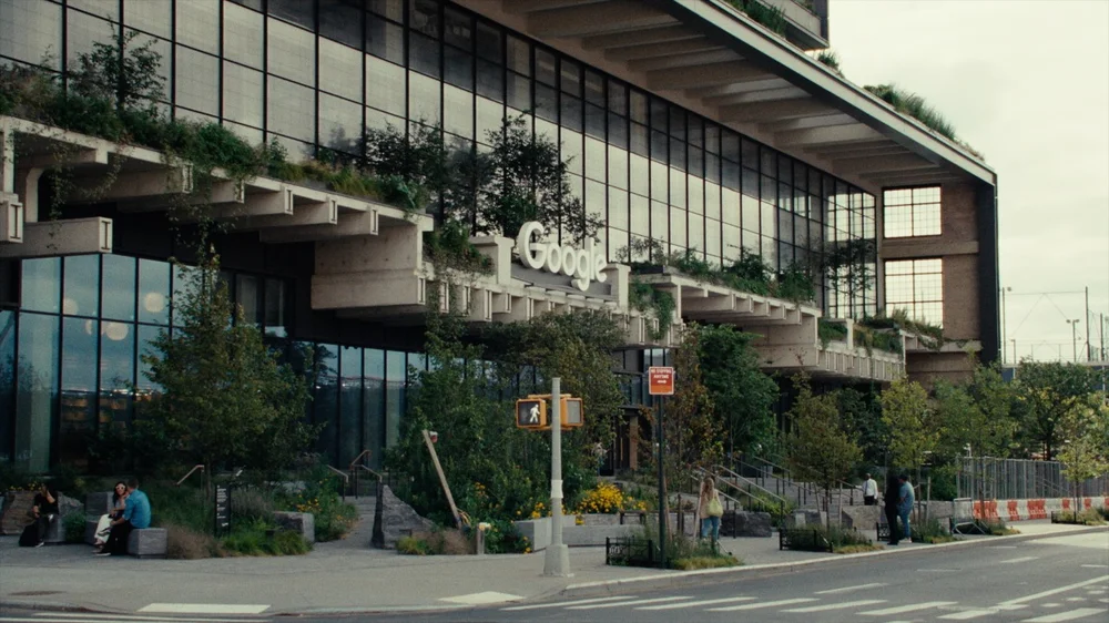 The north facade of St. John's Terminal with exposed rail beds and the white Google logo.