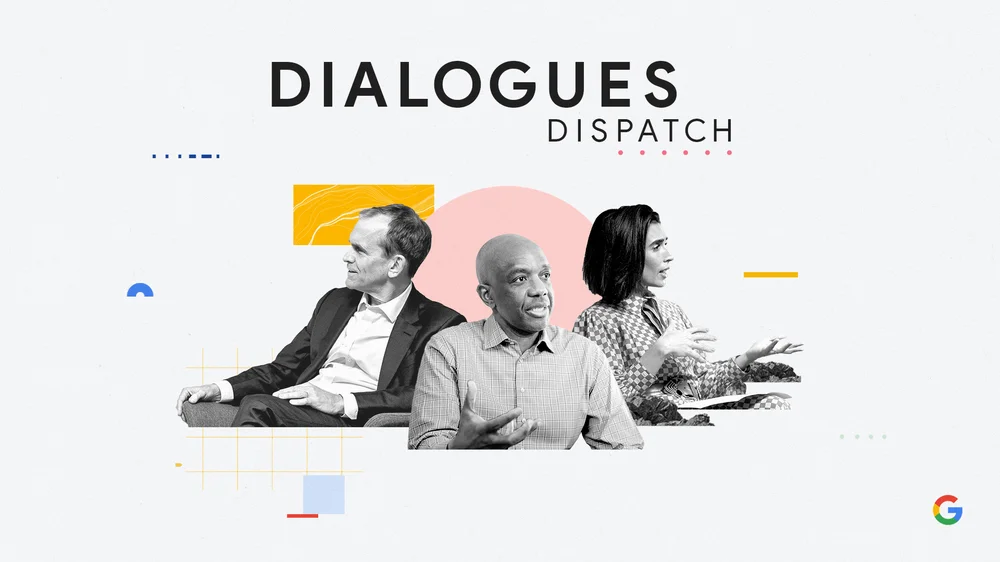 an illustrated image of three people having conversations under the phrase "Dialogues Dispatch"