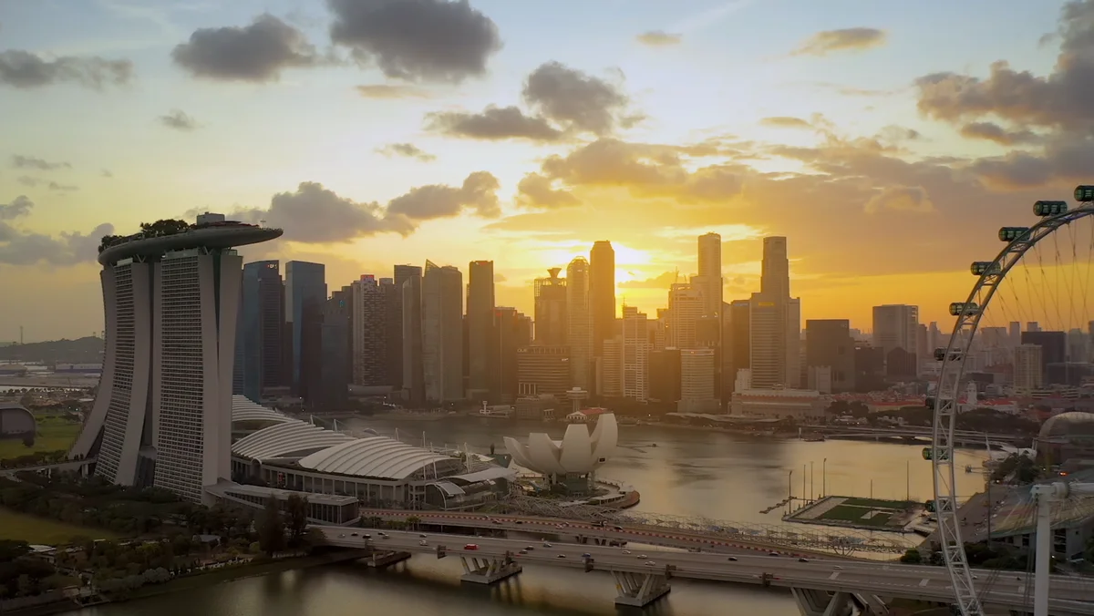 A skyline of many tall buildings, a bridge, and a ferris wheel against a setting sun.