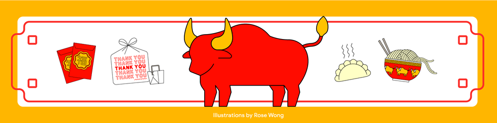 An illustration of an ox, red envelopes and Chinese food to illustrate Lunar New Year.