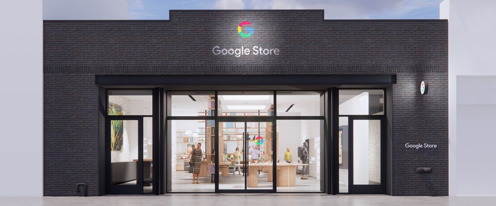 Illustration of a black one-story building with large windows. Inside are people walking around wooden tables and white walls containing Google hardware products. There is a Google Store logo on top of the building.