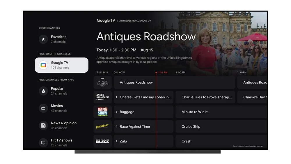 Live tab TV guide showcasing new free channels from Google TV