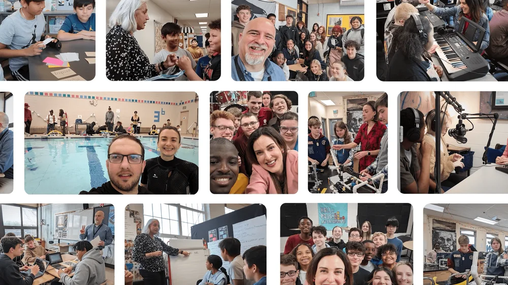 A YouTube thumbnail for the 2024 Teacher Appreciation Week video, showing a collage of teachers with their students in classrooms.