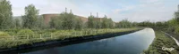 A rendered image of the data centre with a stream or river by it