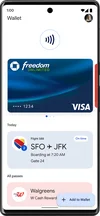 An image of the Google Wallet app open on a Pixel phone. The app is showing a Chase Freedom Unlimited credit card, a ticket for a flight from SFO to JFK, and a Walgreens cash reward pass. In the bottom right hand corner, there is a “Add to Wallet” button.
