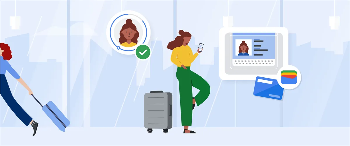 An illustration showing a person next to their suitcase, holding a mobile phone, with a larger illustration of an ID saved to their phone.