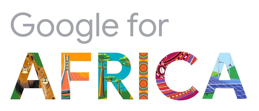 Image with text “Google for Africa”. Each letter in “Africa” shows  a thematic cultural image - “A” is African wildlife; “F” shows African infrastructure; “R” is African landscapes; “C” is African patterns and colors; “A” is sustainable energy sources.