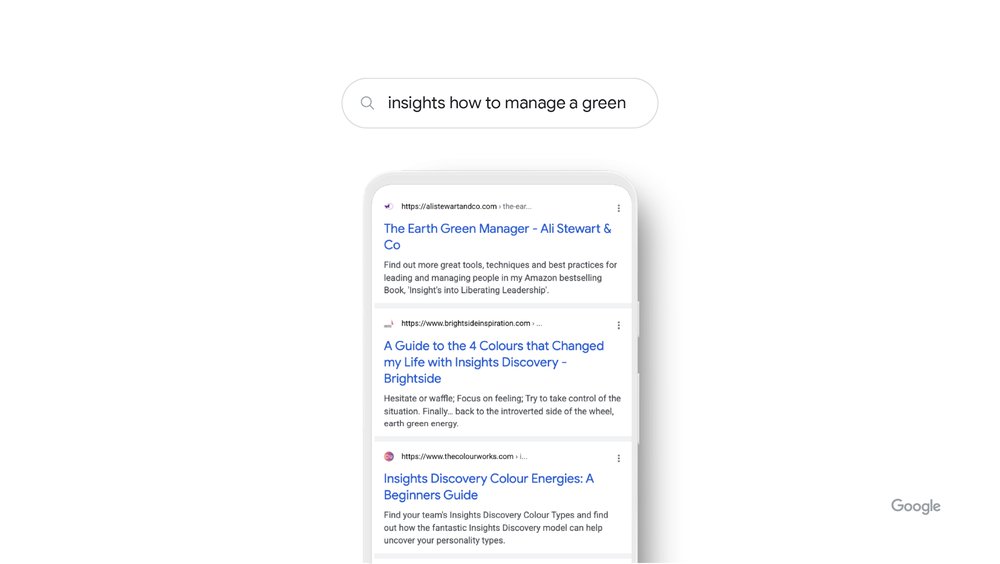 Search bar with the query “insights how to manage a green” with a mobile view of relevant search results.