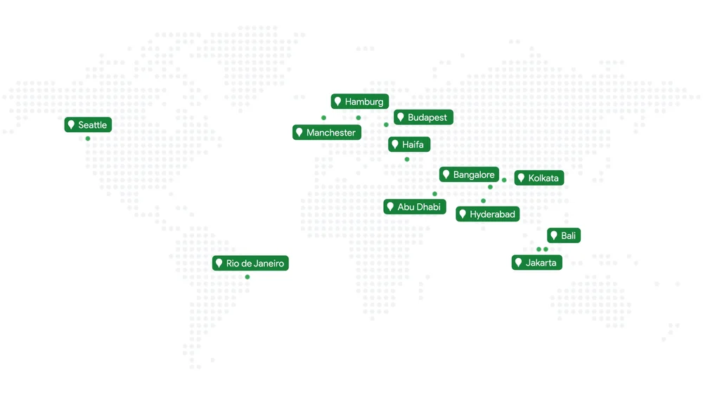 Mapa del mundo con etiquetas para las 12 ciudades donde está activa Green Light