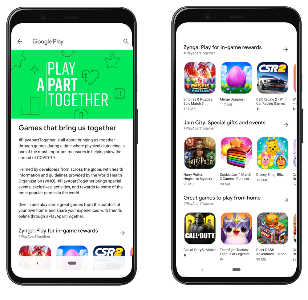 Two phones showing Google Play collections and deals on games