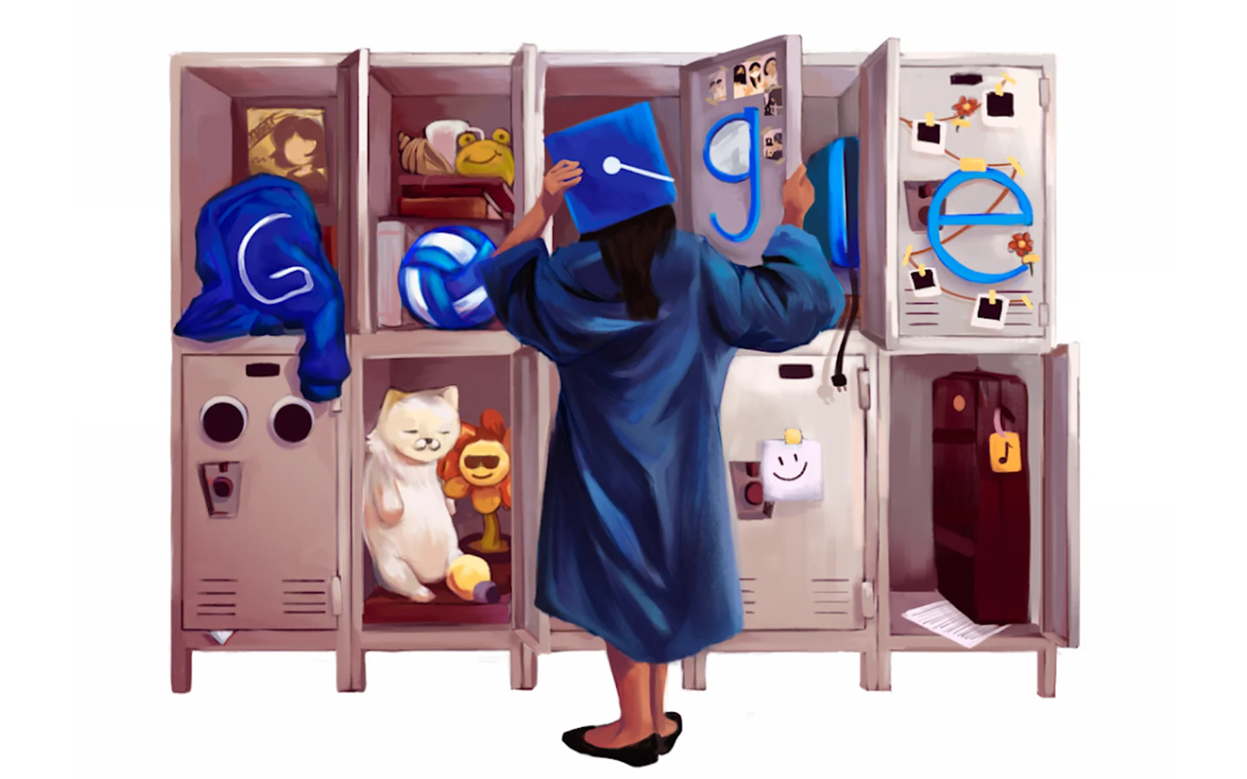 Illustration of a girl standing in front of lockers with her back facing front wearing a blue graduation gown and cap. The GOOGLE logo is featured in the center of frame made out of locker elements. The G is on a sweatshirt, the first O is represented by a volleyball, the second O is represented by the graduation cap, the G is posted inside a locker door, the L is represented by an waffle maker inside a locker, and the E is posted on the front of a locker door. Various locker doors are open, holding miscellaneous school items.