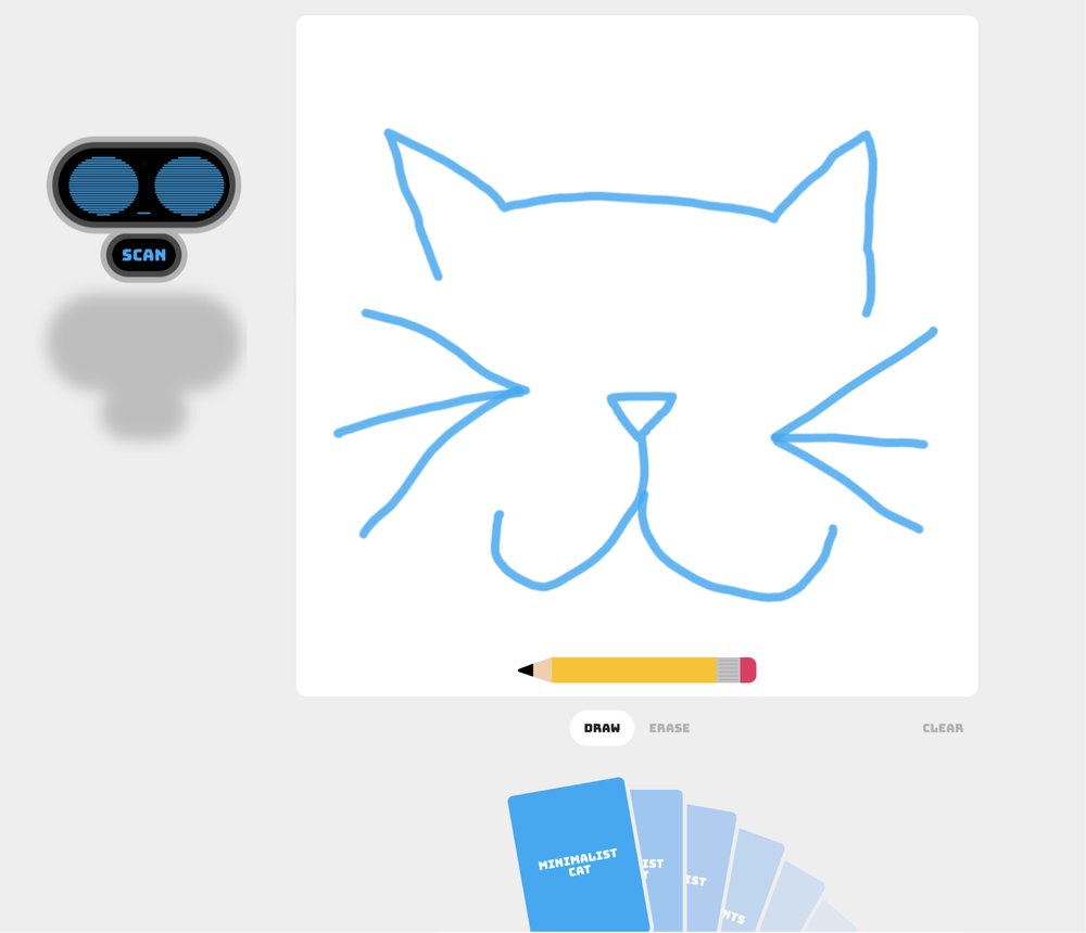 Ein Roboter neben einer gezeichneten Katze.