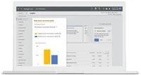 Screenshot eines Berichts mit den Attributionsstatistiken, der Balkendiagramm mit dem Titel "Multi-touch conversion paths" zeigt