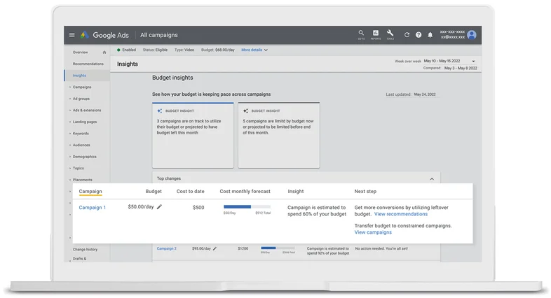 Screenshot of the budget insights report that highlights insights for a campaign