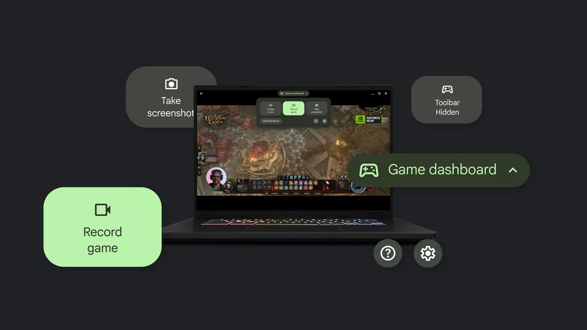 An open laptop showing a screen with the user playing a game, with word bubbles showing the new features like record game and game dashboard