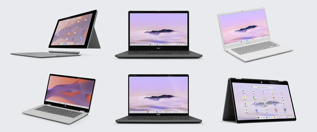 Six different laptops opened up on a white background