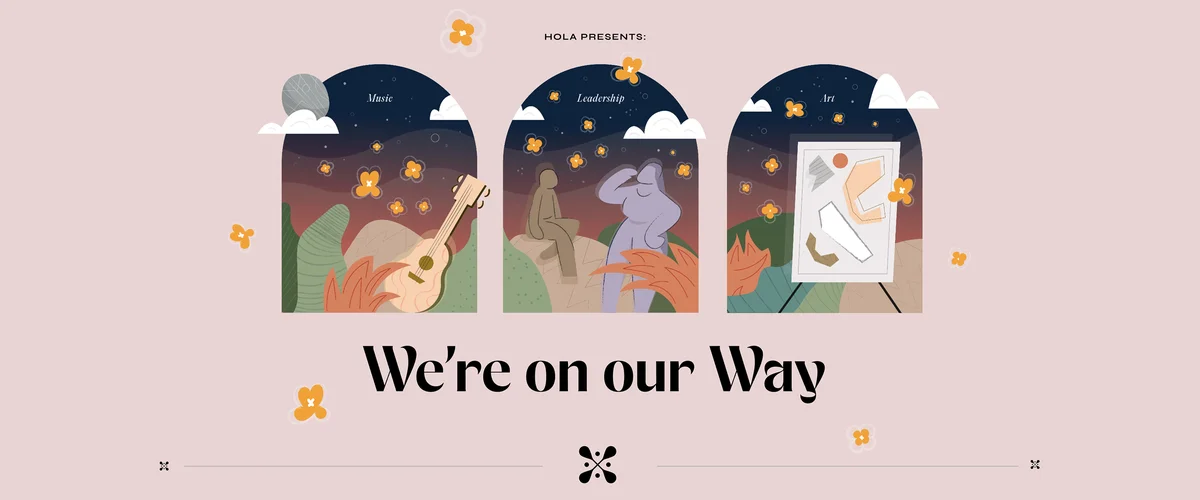 An illustration of three windows, each representing the three pillars - music, leadership and art - of the Hispanic Heritage Month theme for Google’s Employee Resource Group HOLA.  There is a guitar, a canvas, and two figures to illustrate people sitting