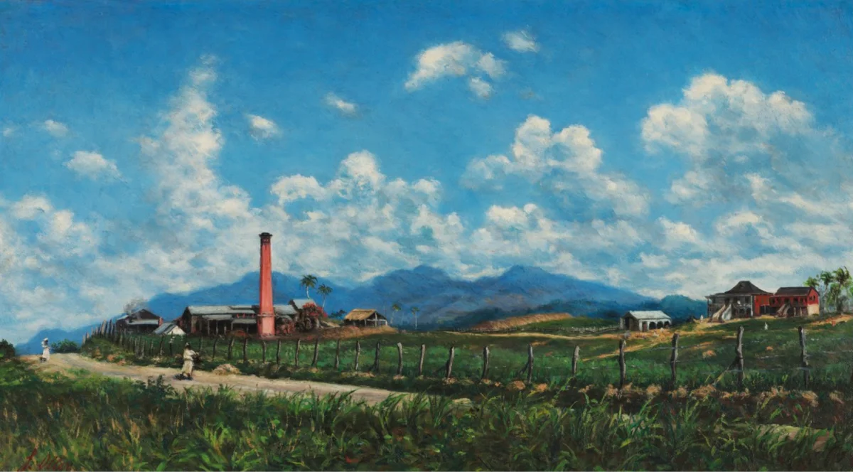 Hacienda Aurora by Francisco Oller, collection of the Museo de Arte de Ponce on Google Arts & Culture. A painting depicts a dirt road alongside a fence, a ranch home and a field. In the background are distant mountains and puffy white clouds.