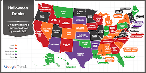 Map of the United States showing what the uniquely searched Halloween drinks trends are per state.