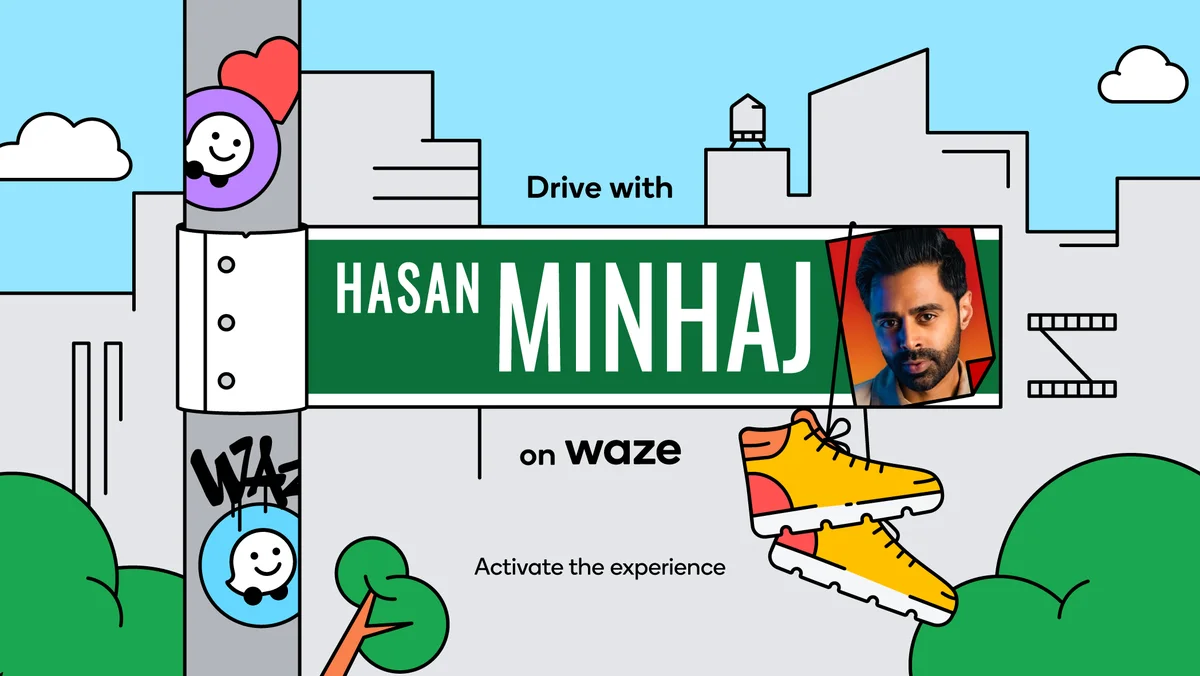 A green street sign saying "Hasan Minhaj" is in the center with Minhaj's headshot and a pair of yellow sneakers hanging from the sign.