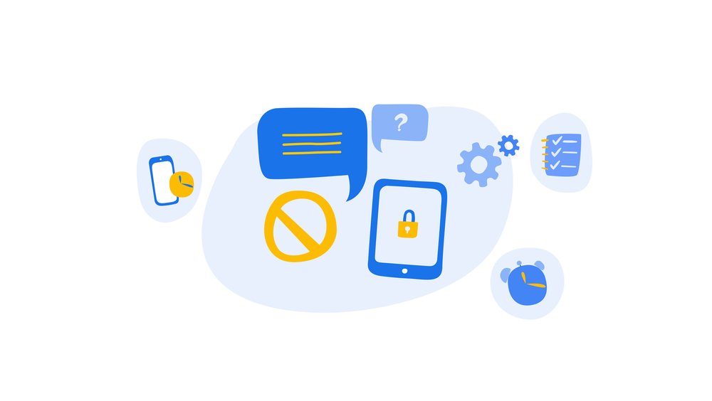 Illustration of 2 smartphone screens, an alarm clock, a checklist, and 2 speech bubbles