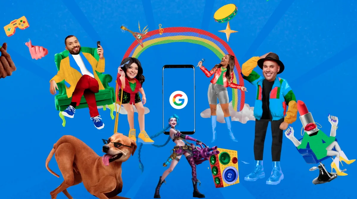 Imagem de fundo azul com os influenciadores da nova campanha de Busca do Google