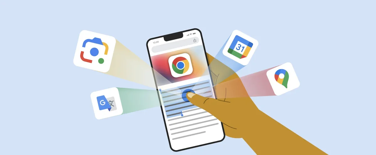 An illustration of a hand holding an iPhone and pressing the screen with their thumb. Google Lens, Google Translate and Chrome logos pop out of the screen.