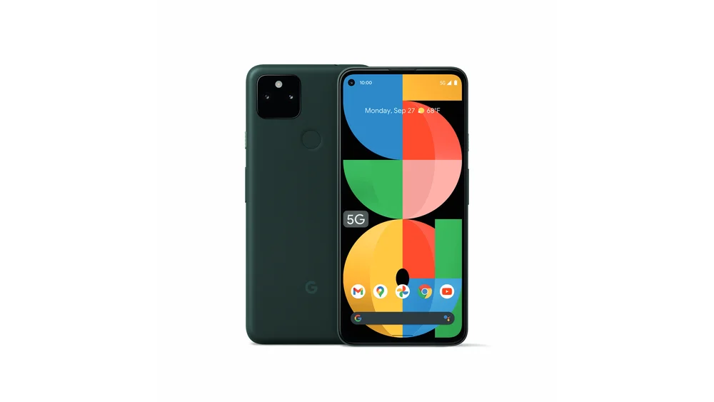 A front and back view of the new Pixel 5a 5G phone from Google.