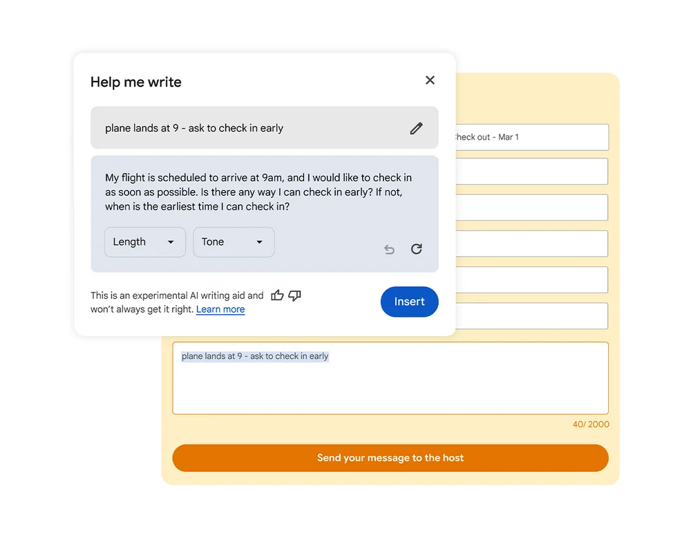 A text field with the prompt “plane lands at 9 - ask to check in early.” The Help me write feature window includes the proposed refined text, “My flight is scheduled to arrive at 9am, and I would like to check in as soon as possible. Is there any way I can check in early? If not, when is the earliest time I can check in?”