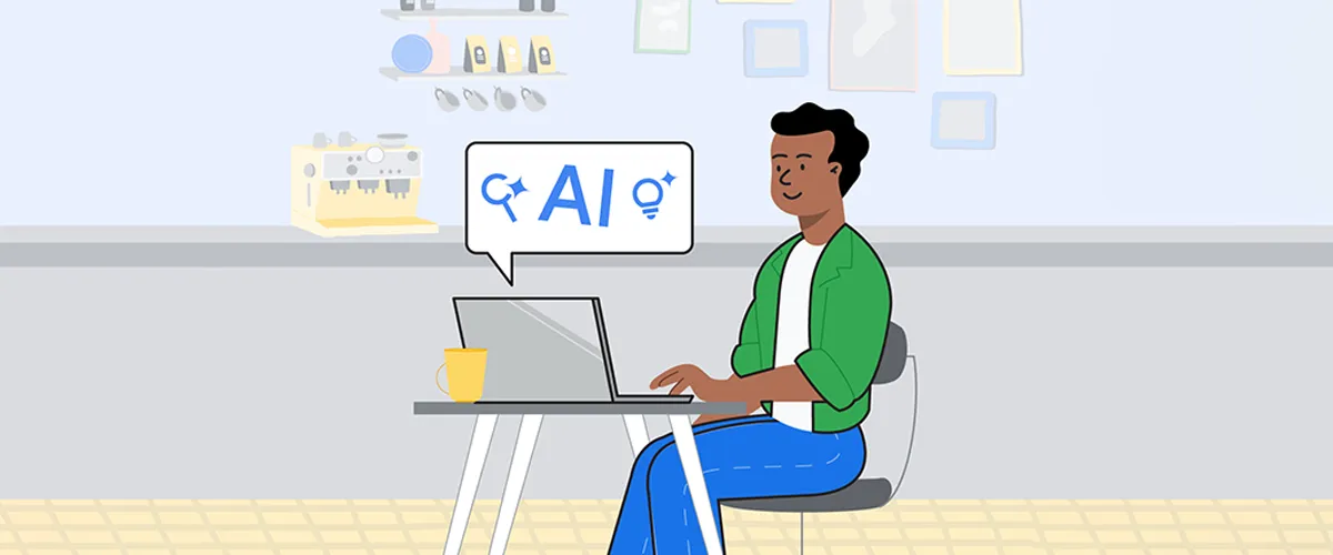 illustration of a person sitting at a laptop with a call out box reading "AI"