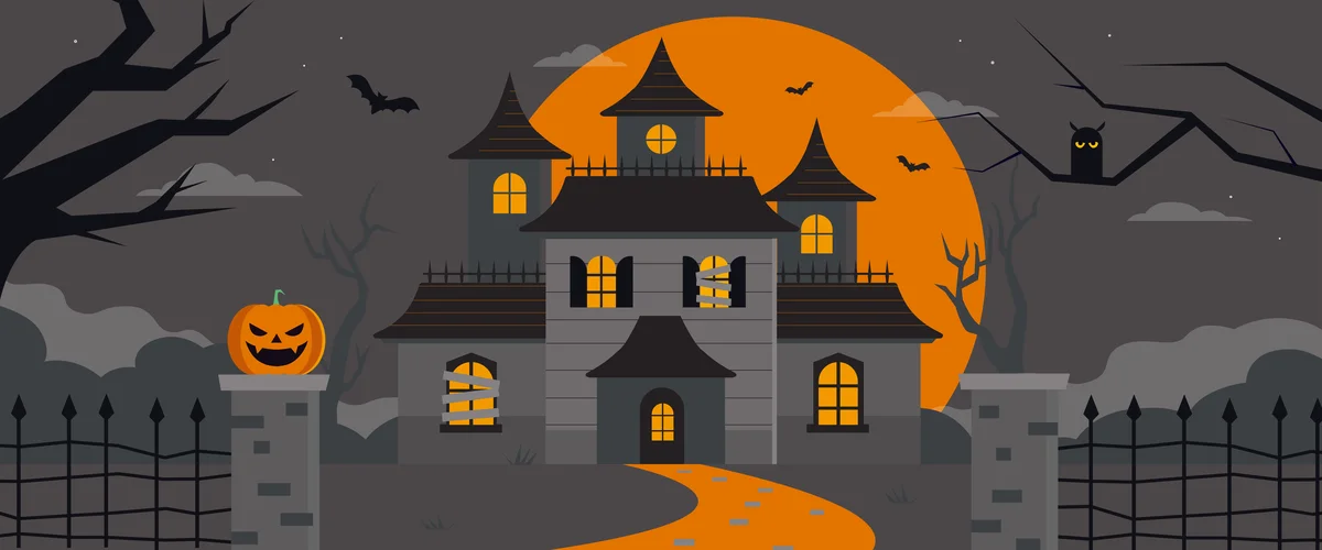 Illustration of a dark night and a haunted house sitting on a hill.