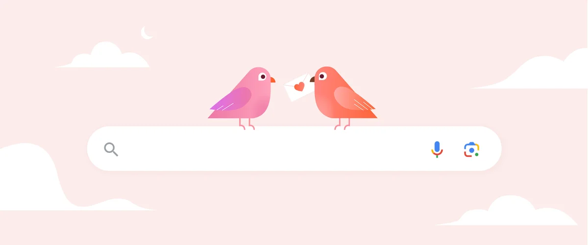 Illustration of two birds, one pink and one red, sitting on top of an abstract illustration of the Google Search bar. They are passing a letter with a heart on it between their beaks.