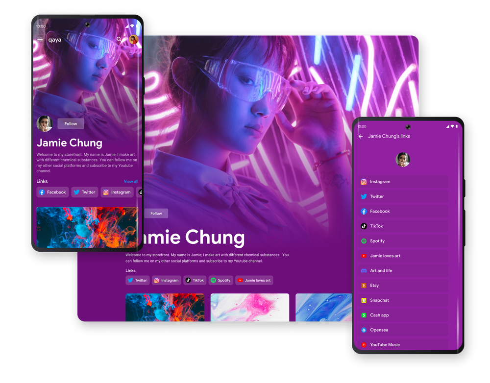 Mobile and desktop renderings of the Qaya page for a creator named Jamie Chung.