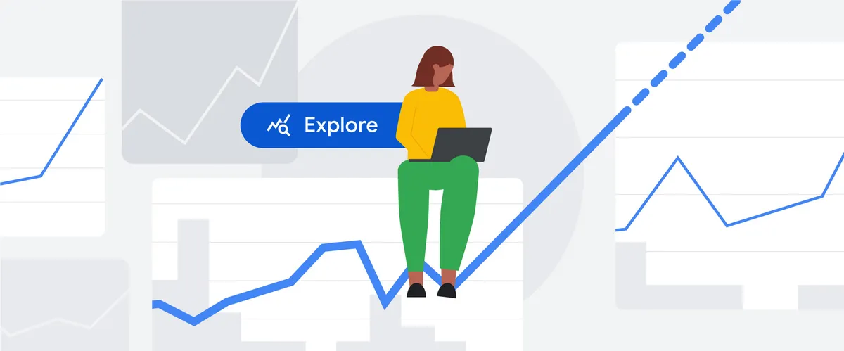 An illustration of a person sitting with a computer, in front of a graphs with upward lines