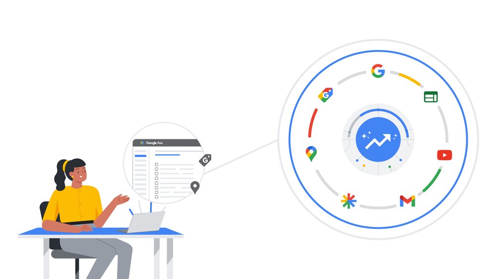 An illustration of a woman sitting at a blue desk with her laptop open. A bubble above the laptop shows the Google Ads interface, connecting to a larger circle of Google’s channel logos.