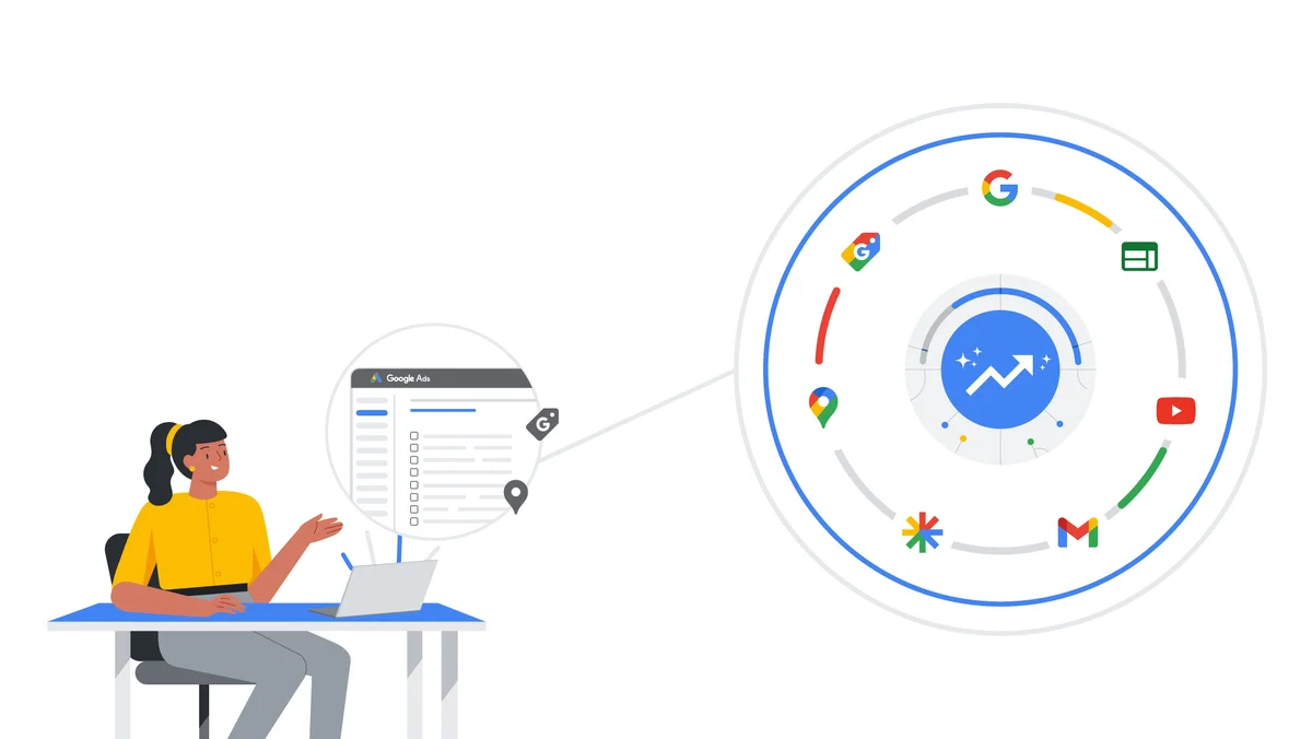 Google Campaigns - An illustration of a woman sitting at a blue desk with her laptop open. A bubble above the laptop shows the Google Ads interface, connecting to a larger circle of Google’s channel logos.