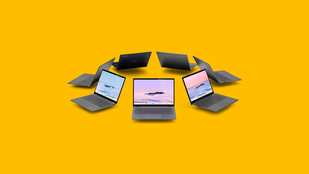 
                         
                           Circle of Chromebook Plus laptops with HP, Lenovo and Acer Chromebook Plus laptops at the front
                         
                       
