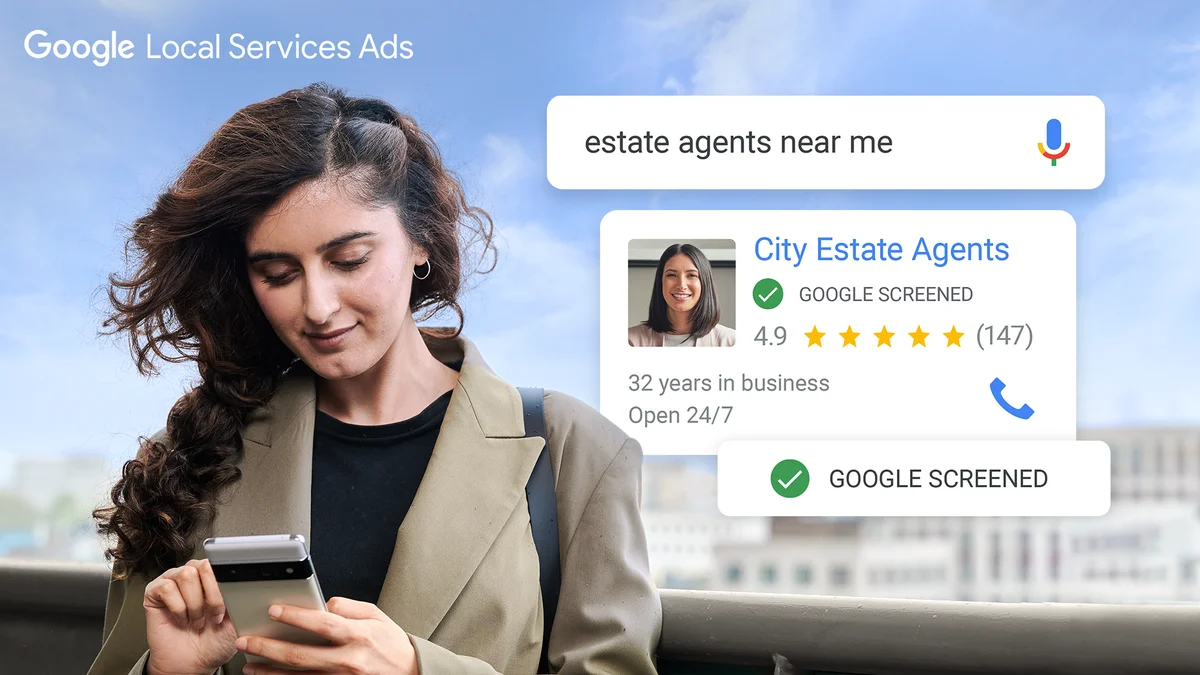 A picture showing a woman on a Pixel phone searching for 'estate agents near me'