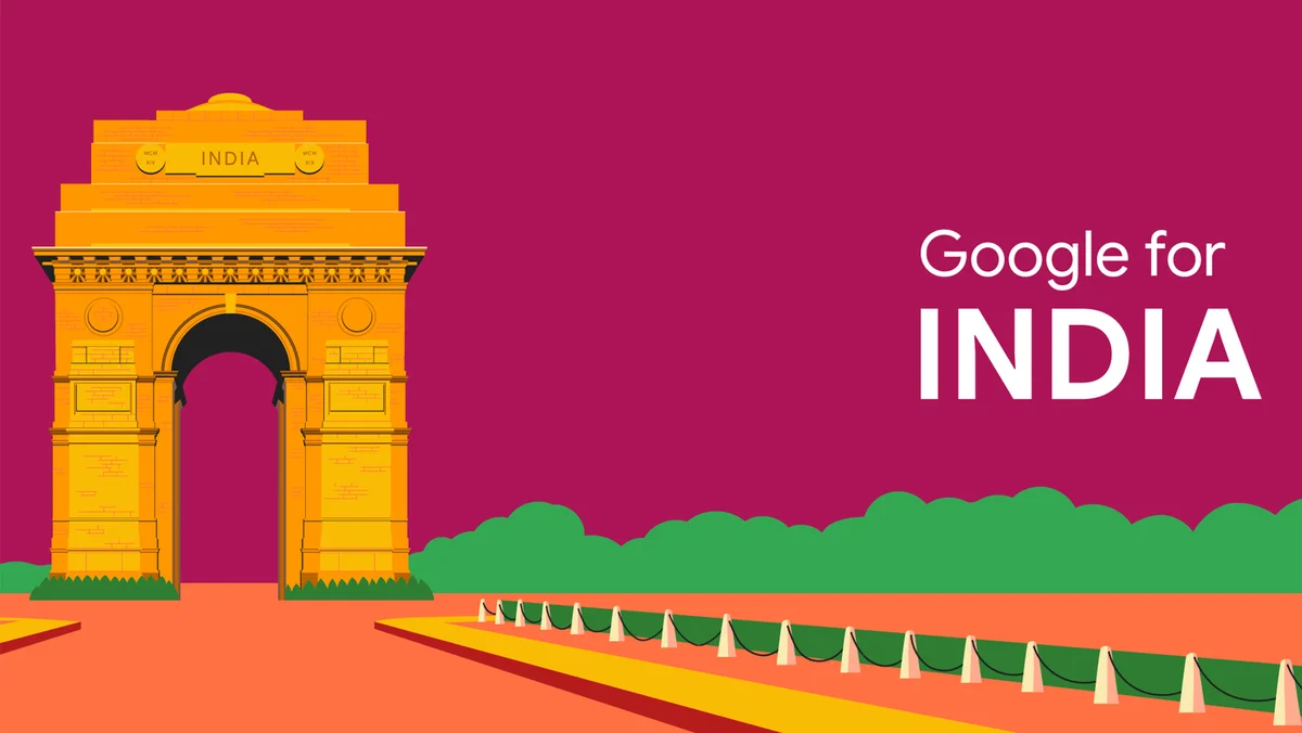 A graphic showing the Gateway to India in gold on the far left, with the words 'Google for India' in white on the far right, against a maroon background.